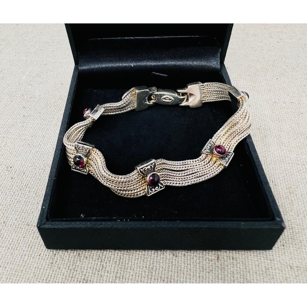 Vintage Anatoli Sterling Silver MultiStrand Woven Chain Garnet Cabochon Bracelet